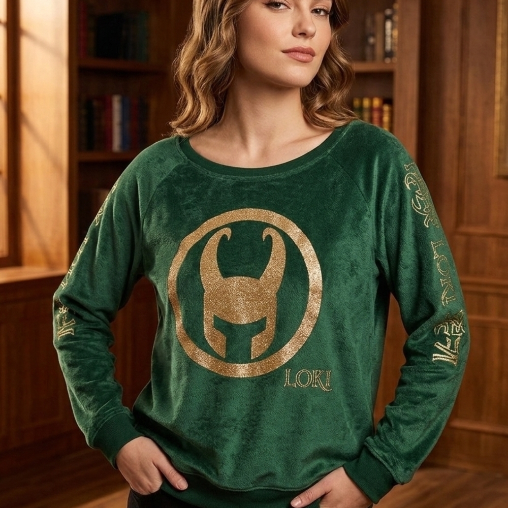 Marvel Loki Fleece Sweatshirt Pajama Top Women Large Gold Glitter Graphic Lounge
